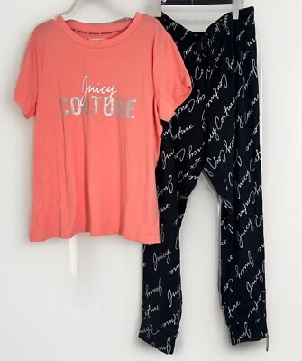 JUICY COUTURE 2 Piece Pajama Set Size M, Top & Pants Peach Coral Black New Soft - Image 1 of 4