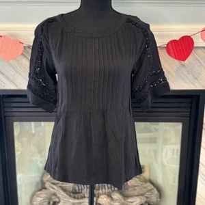 Loft Black Pintuck Blouse with Crochet detail XXS Petite - Picture 1 of 2