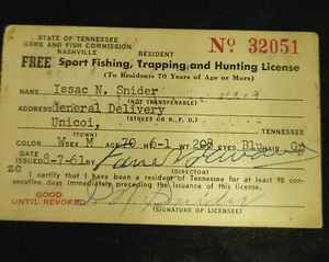 1961 Tennessee FREE Sport Fishing Trapping & Hunting License 70 Yrs or Older@9 - Picture 1 of 7