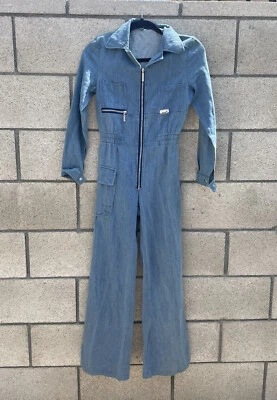 Vintage denim flare leg 70s long sleeve jumpsuit  - Image 1 of 4