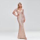 Women Sequins Elegant V-neck Evening Dress Floor Length Formal Prom Party Gown 