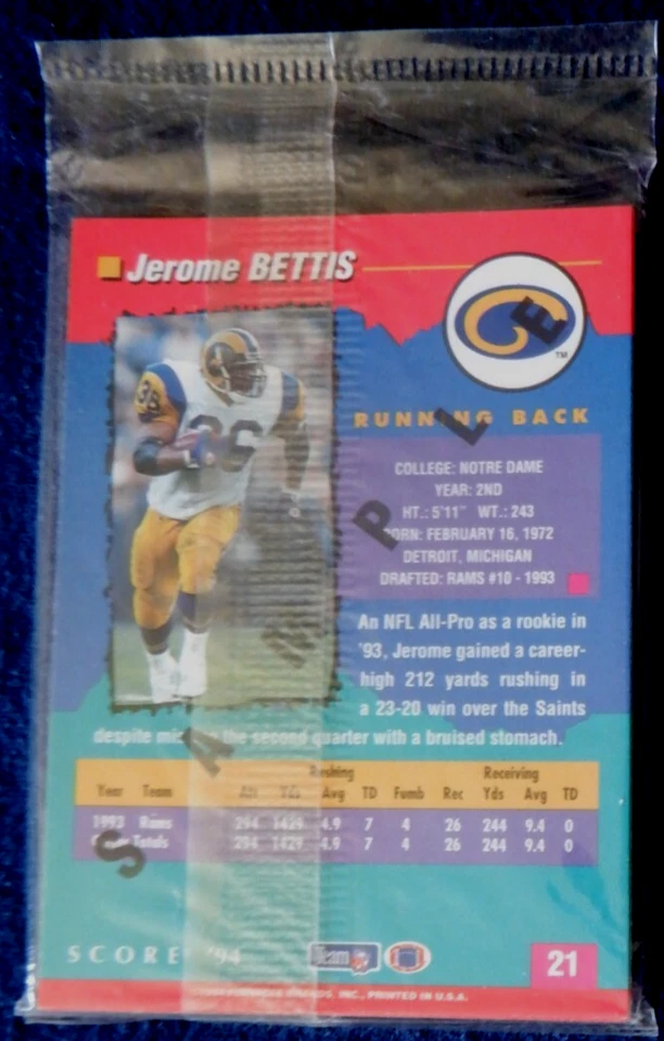 Score Hobby NFL sample cards 1994, Jordan, Bettis, Sharpe, Lott, Thomas - Image 1 of 2