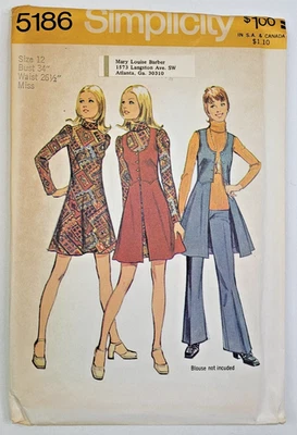 VTG 70s Simplicity Sew Pattern 5186 Misses Mini-Dress, Pants, Vest Size 12 UNCUT - Image 1 of 3