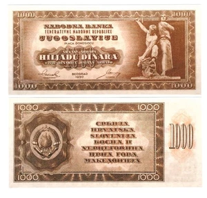 u Reproduktion Schein Jugoslawien 1000 Dinara 1950 Pick #67X 0590R - Bild 1 von 1