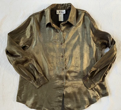 N Touch Vintage 1980s Gold Metallic Blouse Size 16 (Modern Medium) USA Retro - Image 1 of 4