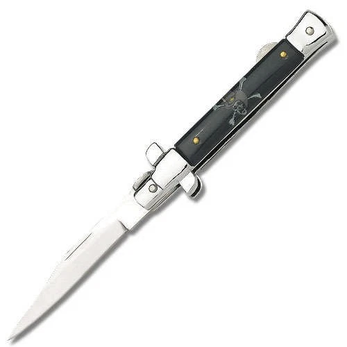 SKULL & CROSS BONES STILETTO IN HAT POCKET KNIFE SPEAR POINT BLADE BACK LOCK NEW - Image 1 of 1
