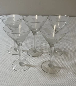 Set Of Five Martini Glasses Cocktail Coupe W White Etched Leaf - Picture 1 of 8