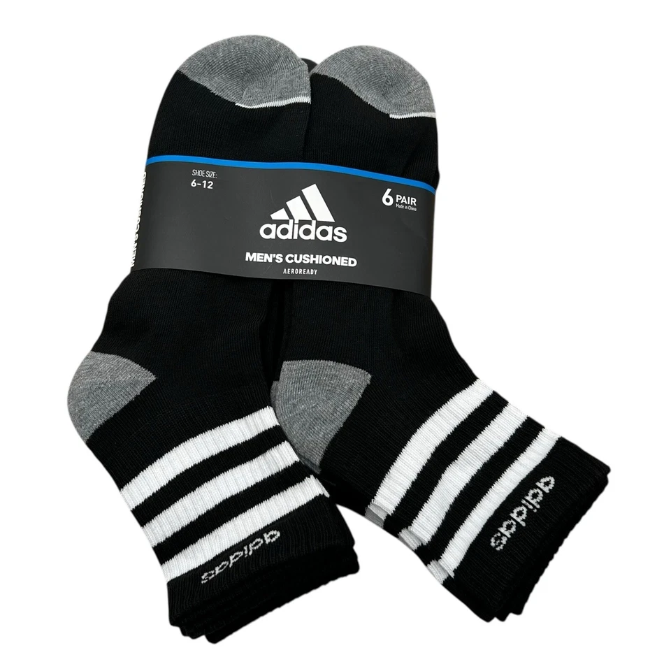 6 Pairs adidas Men's Athletic Dry Quarter Crew Socks Gray Black Large 6-12