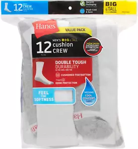 Hanes Men's Double Tough Crew Socks, 12-Pair Pack, White or Black Options - Picture 1 of 14