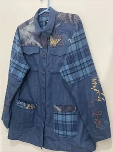 Johnny Was Moonlight Tie Dye Patchwork Military Jacket Denim Embroidered Sz L - Picture 1 of 10