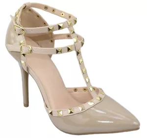 Wild Diva Women Stiletto Heels Pointy Toe Studded Pumps Strap Beige Nude ADORA64 - Picture 1 of 3