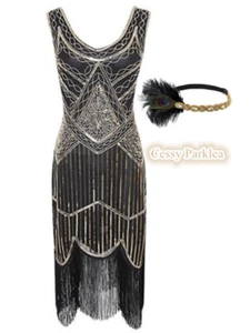 Black Gold Ladies 1920s Roaring 20s Flapper Gatsby Costume Sequins Outfit Dress - Picture 1 of 6