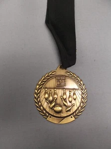 gold ball & pins Bowling medal  2 3/4" diameter wide black neck ribbon - Picture 1 of 1