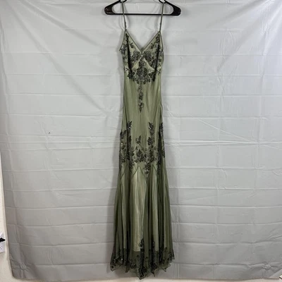 Vtg Adrianna Papell Dress 8 Beaded Silk Green Whimsigoth Fairy Core Art Y2K - Image 1 of 4
