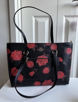 蔻驰站手提包带玫瑰花卉印花卵石皮革黑色/红色CCE23 — 第 1/4 张图片