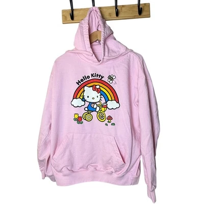 Linda sudadera con capucha rosa Hello Kitty Sanrio mediana arco iris bicicleta Kawaii Foto 1 de 4