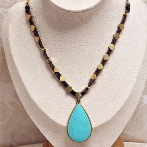 LUCKY BRAND Vintage Turquoise Teardrop Pendant Necklace – Brown Cord - Picture 1 of 6