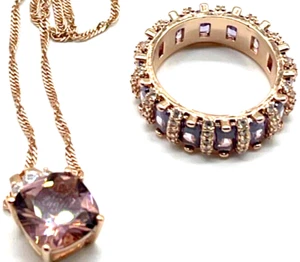 Set. Rose Gold Necklace bbj (925) w Morganite Stone. Ring Purple Crystal Sz 6 - Picture 1 of 9