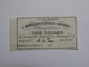 $4 1861 Confederate Bond Coupon Certificate Currency Bank Note Bill UNC - Picture 1 of 2