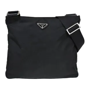 PRADA MILANO Logo Tessuto Shoulder Bag Nylon Leather Black Silver Italy 38HB563 - Picture 1 of 16