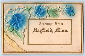 Postal de correspondencia de Minnesota 1911 saludos desde Hayfield flor en relieve - Imagen 1 de 2