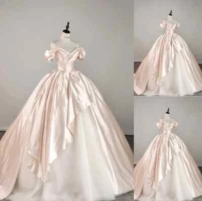 Champagne Satin Wedding Dresses Off Shoulder Sweep Train Princess Bridal Gowns - Image 1 of 4
