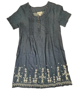 Vermont Country Store Small Blue Denim Pintuck Jumper Dress Embroidered Floral - Picture 1 of 8