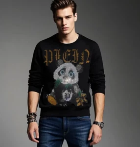 Felpa con Cappuccio Uomo Lusso Diamante Panda Orso Strass Moda Nera Alta Qualità Nuova - Foto 1 di 11