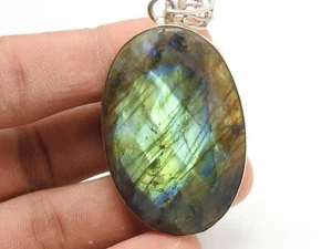 Christmas Gift Labradorite Brass Pendant Faceted Cabochon Multi Fire Jewelry - Picture 1 of 8