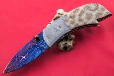 HANDMADE FOLDING KNIFE MOSAIC DAMASCUS STINGRAY LEATHER HANDLE 24K GOLD SCREW