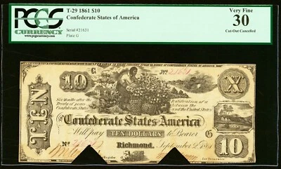 1861 $10 Confederate States of America T-29 - PCGS 30 - SCARCE NOTE! - Image 1 of 2
