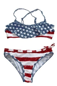 Beautiful Kids Patriot Stars & Stripes Flounce Bikini Swimsuit (6Y/7Y)XL - Picture 1 of 2