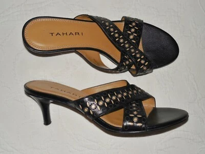 TAHARI Ingrid Black Leather Criss-Cross Studded Slides Sandals Heels - 6.5 M - Image 1 of 4