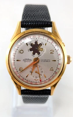 VERY RARE 18K Gold CORNAVIN Sun Phase 17 Jewel 33mm Dial Automatic Wristwatch 9" - Image 1 of 4