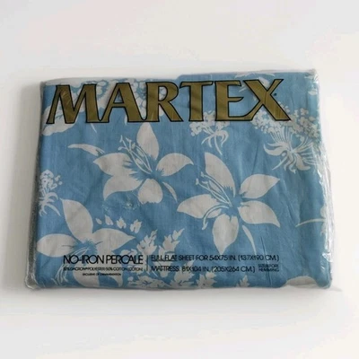 Vintage Martex Percale Folha Plana Completa Azul Floral Havaiano Tropical 81x104” - Imagem 1 de 4