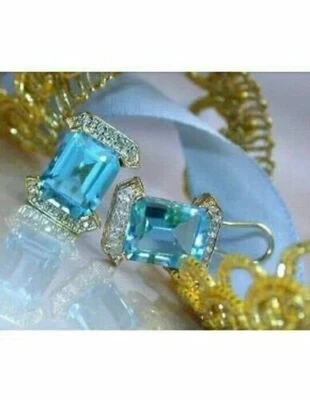 4Ct Emerald Cut Aquamarine Gorgeous Solitaire Stud Earrings 14K Yellow Gold Over - Image 1 of 4
