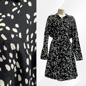 Boho Shirt Dress Size 14 Black White Spot Print Midi Retro Chic Casual F&F - Picture 1 of 23