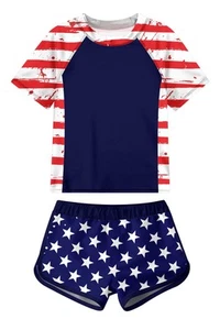 Girls Swimsuit Size 10 11 4th of July Rash Guard USA Flag Bathing Suit Short ... - Picture 1 of 3