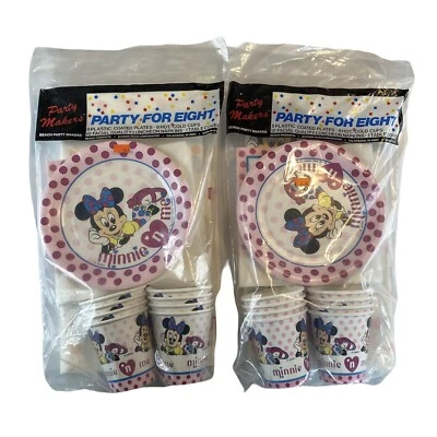 2 VTG 80’s Disney Minnie Mouse Birthday Party For 8 Table Cover Plates Cups Kids - Image 1 of 4
