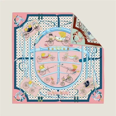 Women's Hand Rolled Twill Silk Scarf - Horse Carriage Double Print Square Scarf - Image 1 of 4