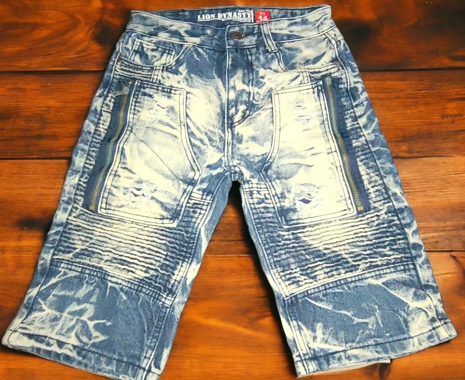 Lion Dynasty Blue Jean Shorts Size 14 Heavily Acid Zipper - Image 1 of 4