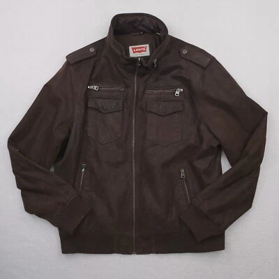 Levis 夹克男式特大号棕色麂皮绒皮革军用轰炸机军队 Epaulette — 第 1/4 张图片