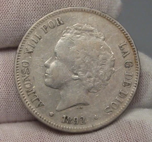 5 PESETAS 1892 PG.M (1892) plata. España.  Cabeza infantil Alfonso XIII. - Imagen 1 de 13