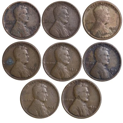 LOTE DE 8 MONEDAS FECHA CLAVE 1910-S - 1924-D centavo de trigo sacrificio/ag/relleno de agujeros Foto 1 de 2