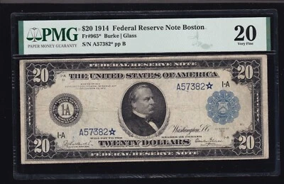 US 1914 $20 FRN Boston Note Burke/Glass STAR NOTE* FR 965* PMG 20 VF (382*) - Image 1 of 2