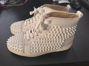 Christian Louboutin White /Red Bottom High Top Spiked Sneakers. sz 7.5 ROCKSTAR - Picture 1 of 19
