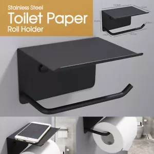 Stainless Steel Toilet Paper Roll Holder Storage + Phone Shelf Bathroom Washroom - Picture 1 of 12