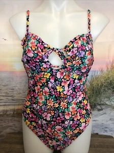 NWT Cupshe One Piece Swimsuit Small Black Floral Print Pink Purple Orange Green - Picture 1 of 4