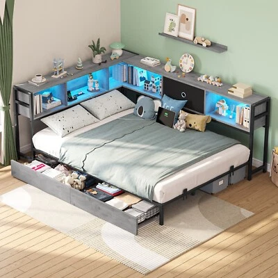 Full Size Corner Bed Frame Gray Daybed with Led Lights,Charging Station,Bookcase - Image 1 of 4