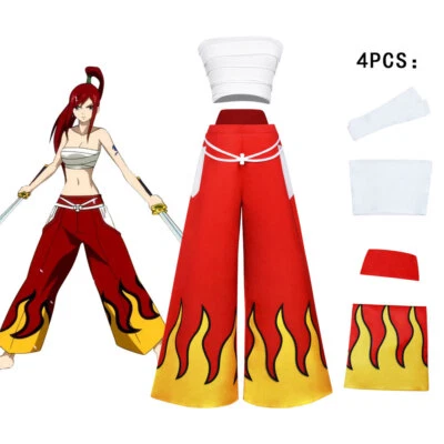 FAIRY TAIL Cosplay Erza Scarlet Costume Pants White Tube Tops Full Set - Image 1 of 4